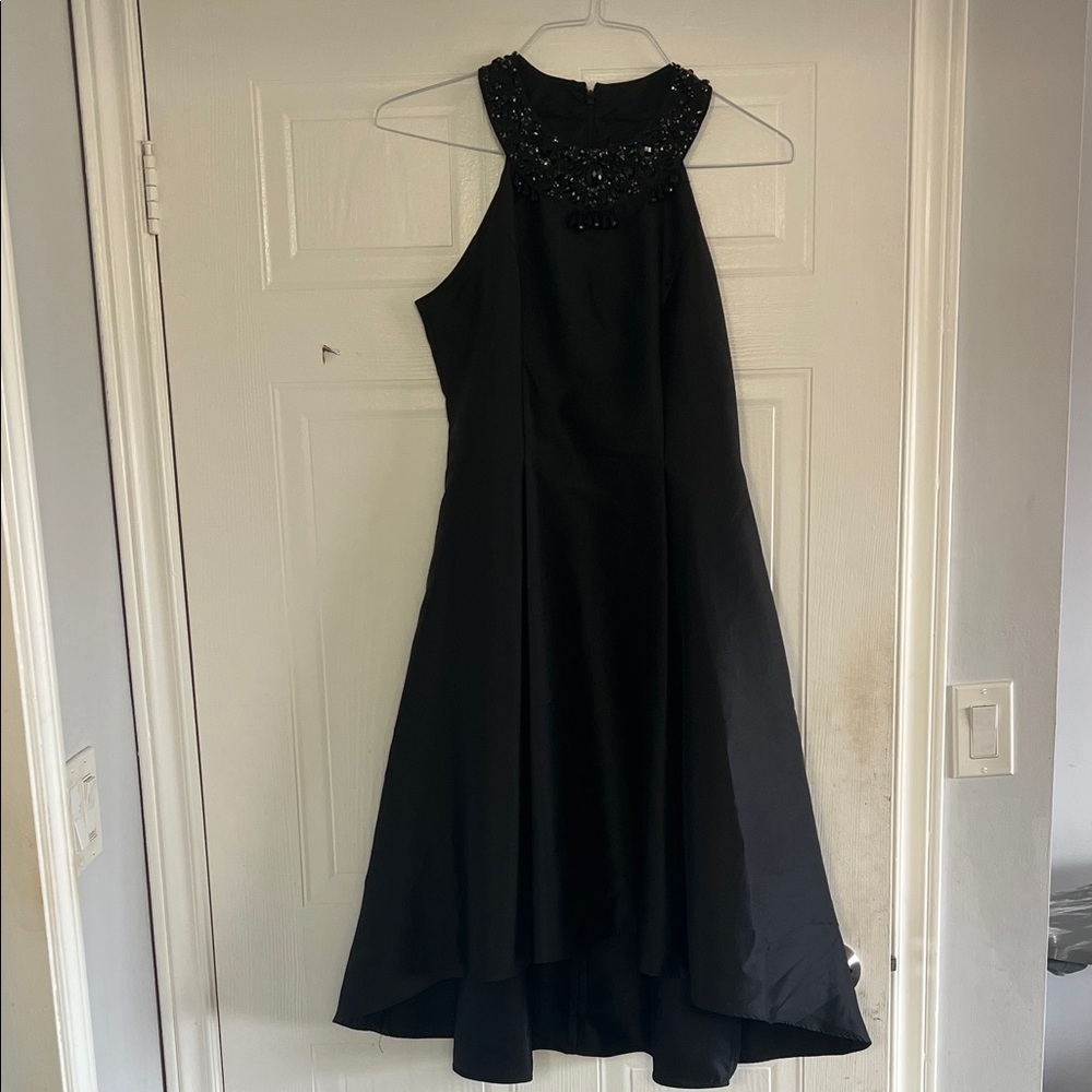 Adrianna Papell Black Beaded Halter High-Low Evening Dress